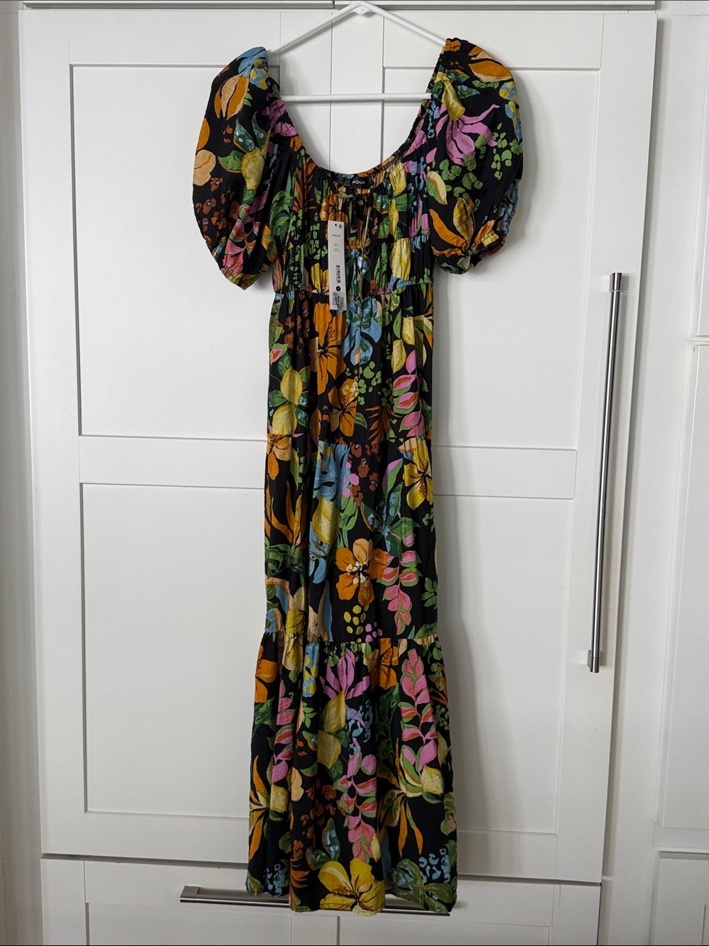 Black Floral Puff-Sleeve Maxi Dress